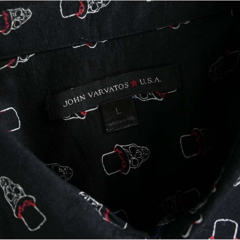 John Varvatos Button Down L Slash Skull Top Hat Print Mens S/S Shirt Rock & Roll - Picture 8 of 10